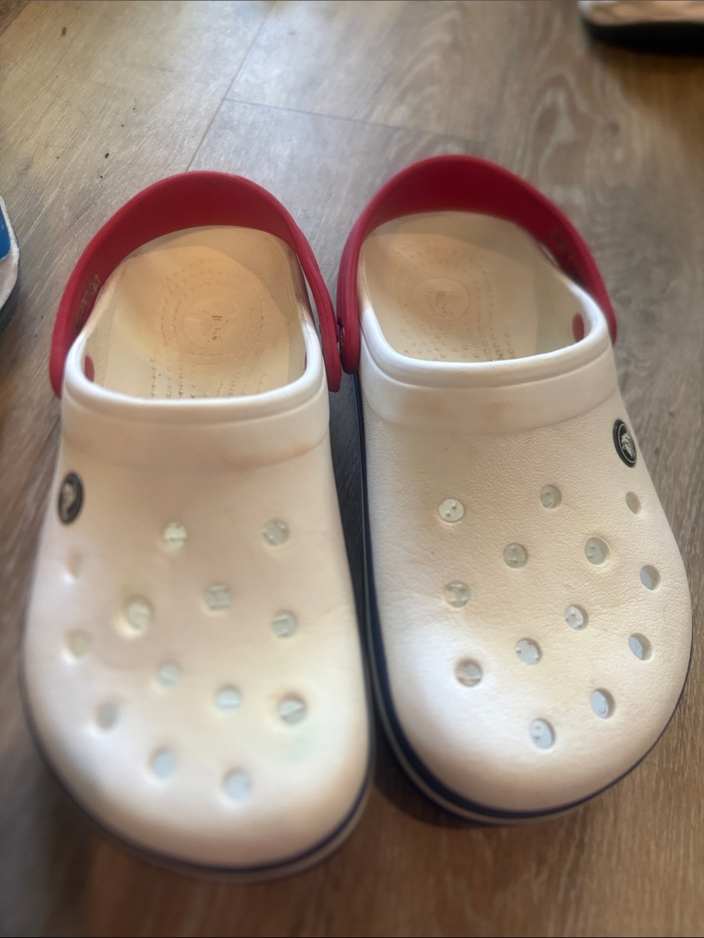 CROCS White Clogs with Red Heel Straps